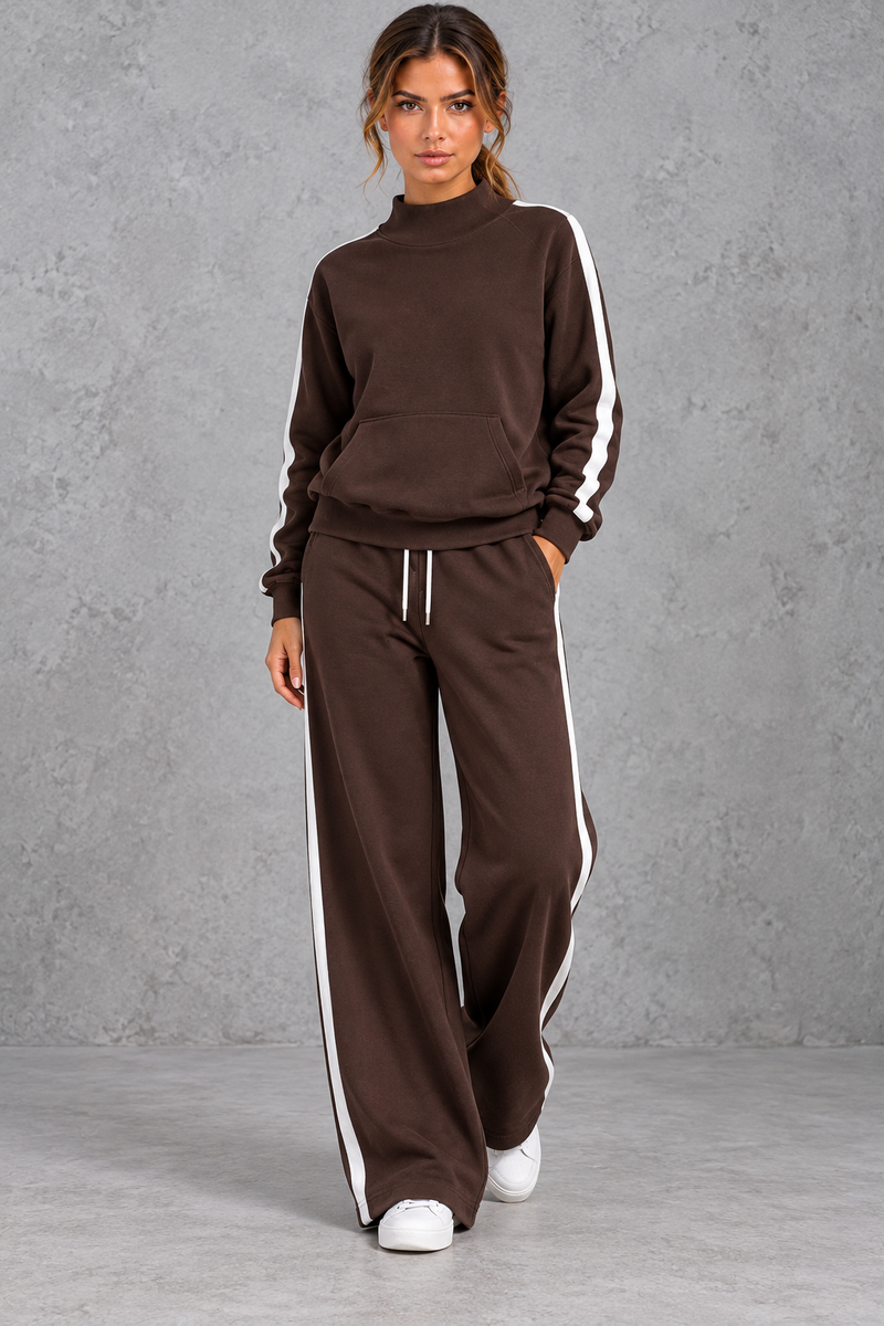 Women's dark brown mock neck wide leg tracksuit set with side stripes – front view