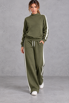 Women's army green mock neck wide leg tracksuit set with side stripes – front view