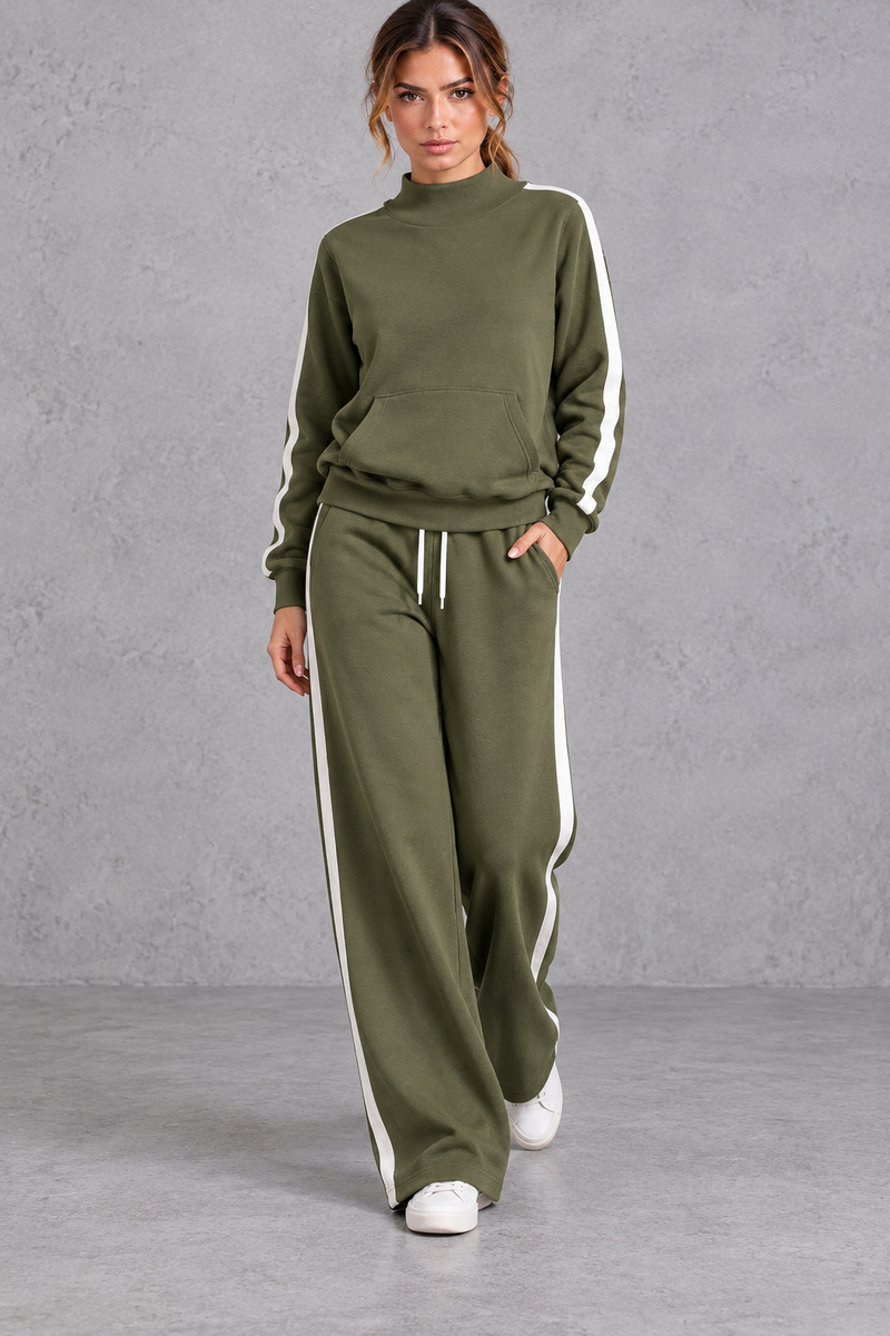 Women's army green mock neck wide leg tracksuit set with side stripes – front view