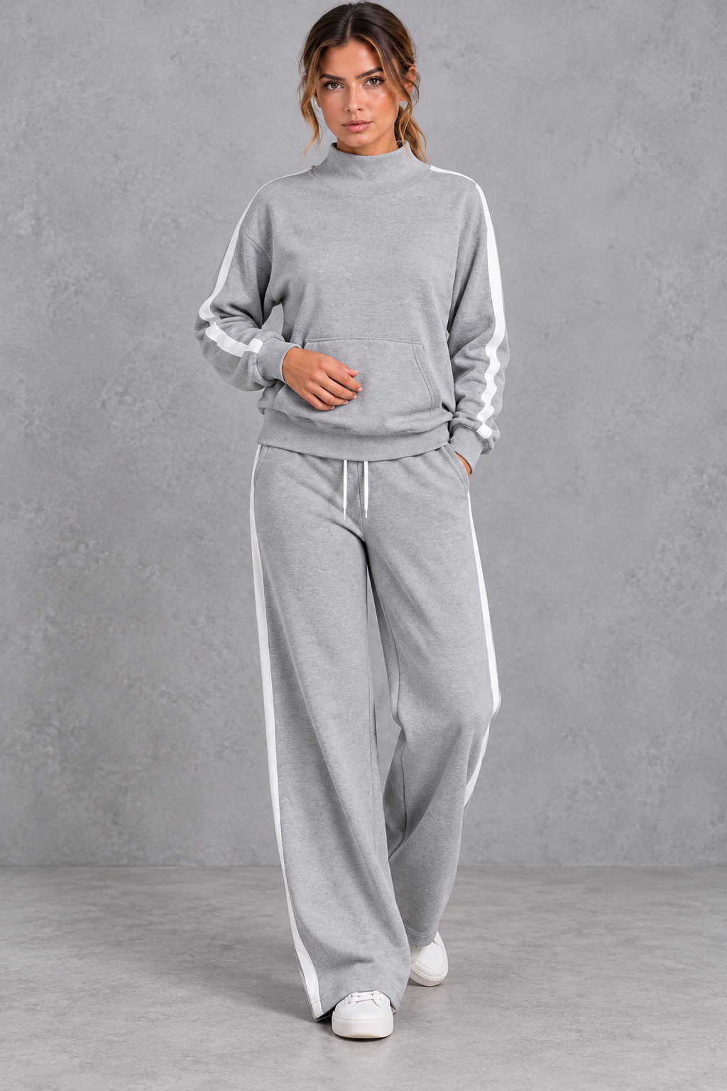 Women's light grey mock neck wide leg tracksuit set with side stripes – front view