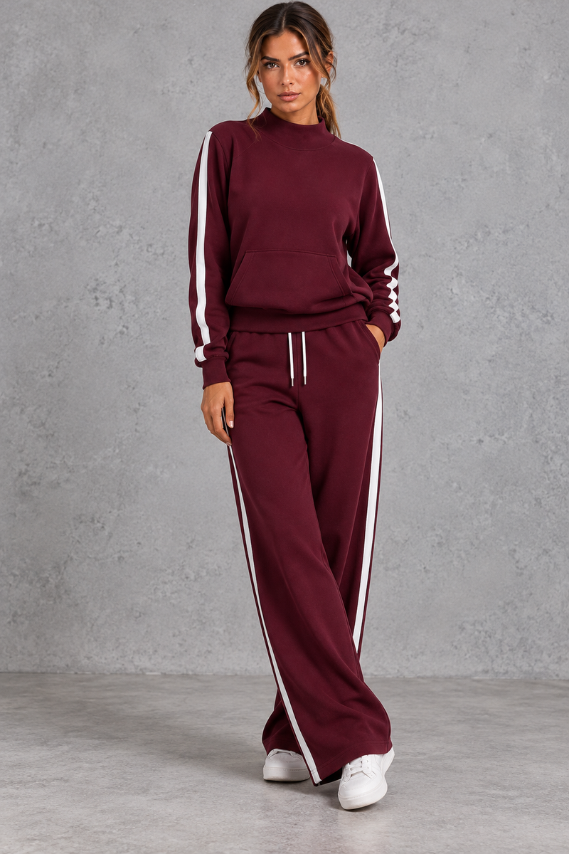 Women's burgundy mock neck wide leg tracksuit set with side stripes – front view