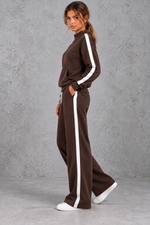 Women's dark brown mock neck wide leg tracksuit set with side stripes – side view
