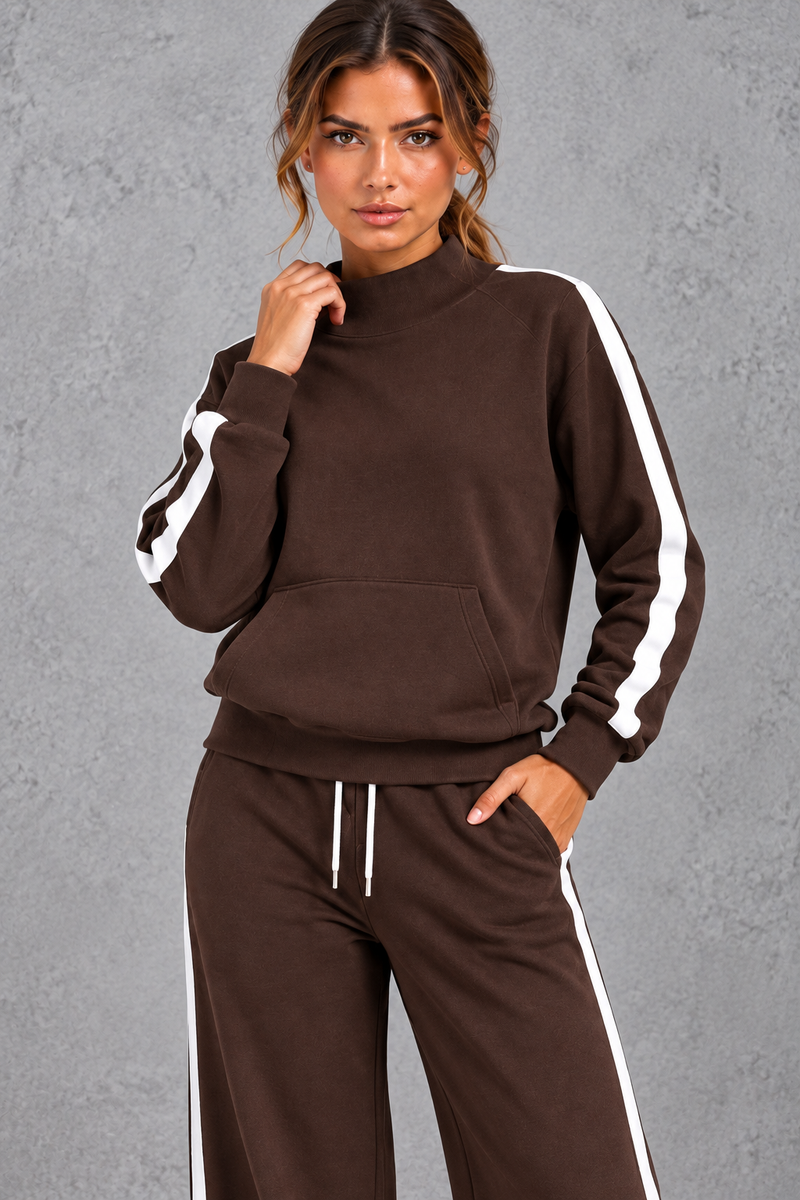 Women's dark brown mock neck tracksuit top with kangaroo pocket – close-up of neckline and striped sleeves