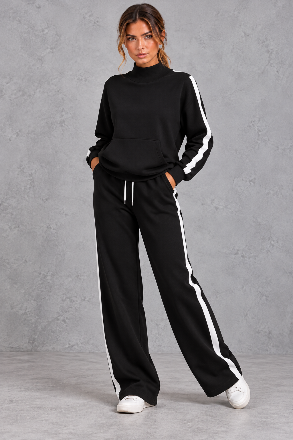 Women's black mock neck wide leg tracksuit set with side stripes – front view