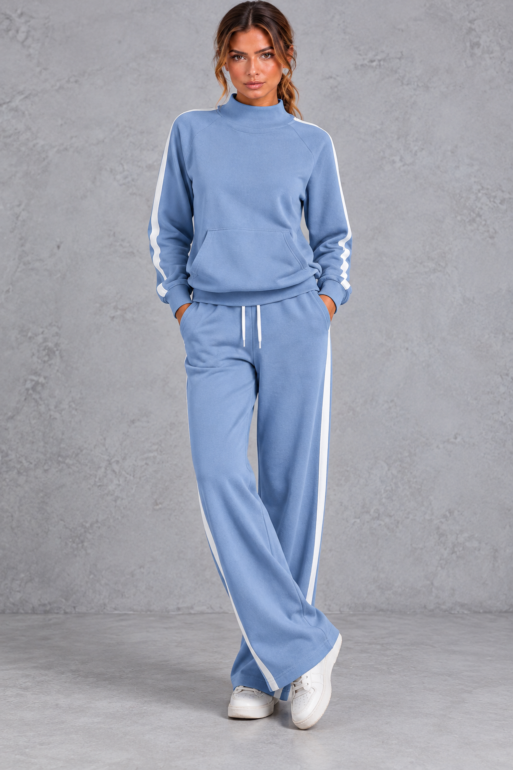 Women's blue mock neck wide leg tracksuit set with side stripes – front view