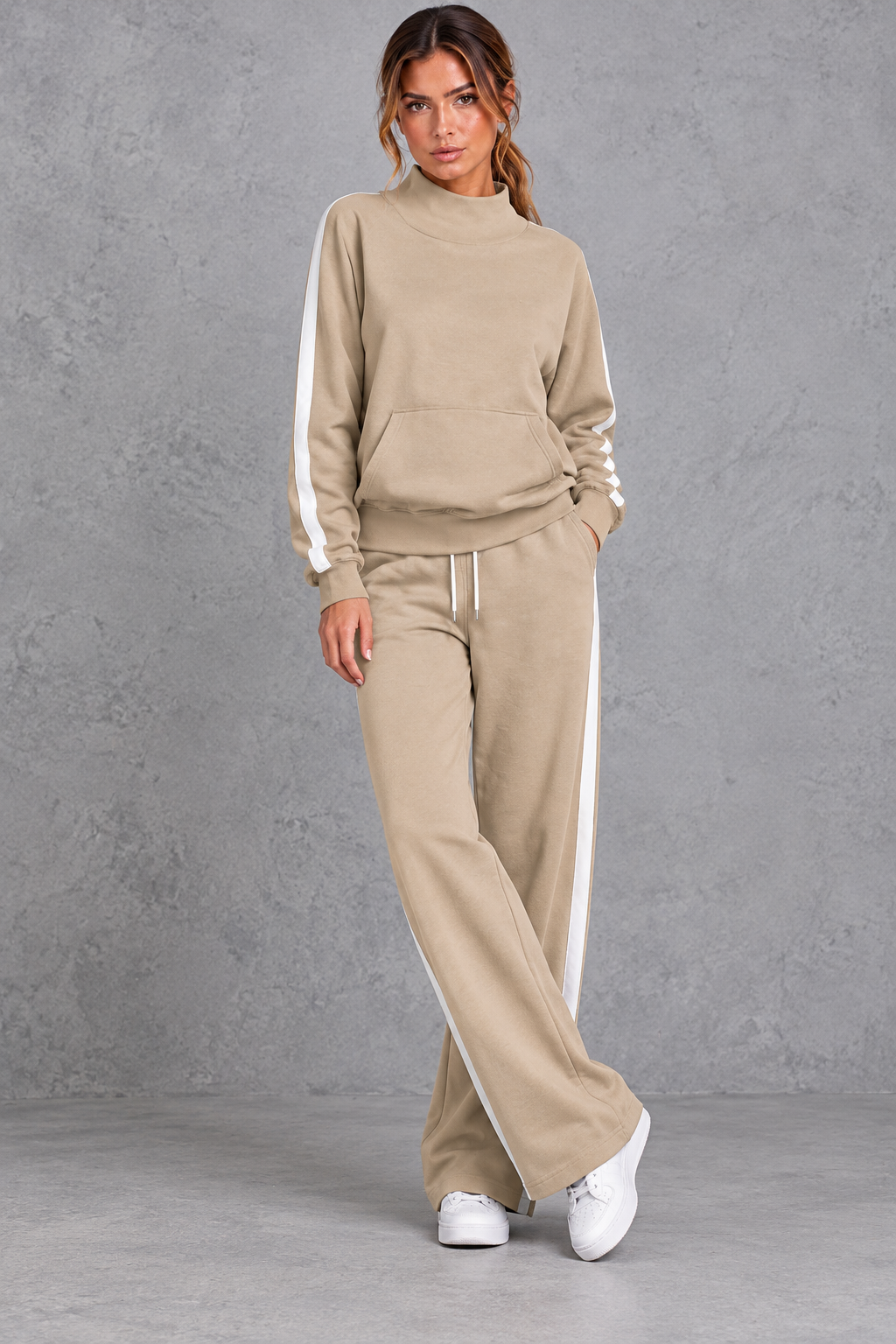 Women's khaki mock neck wide leg tracksuit set with side stripes – front view