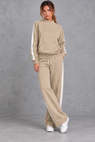 Women's khaki mock neck wide leg tracksuit set with side stripes – front view
