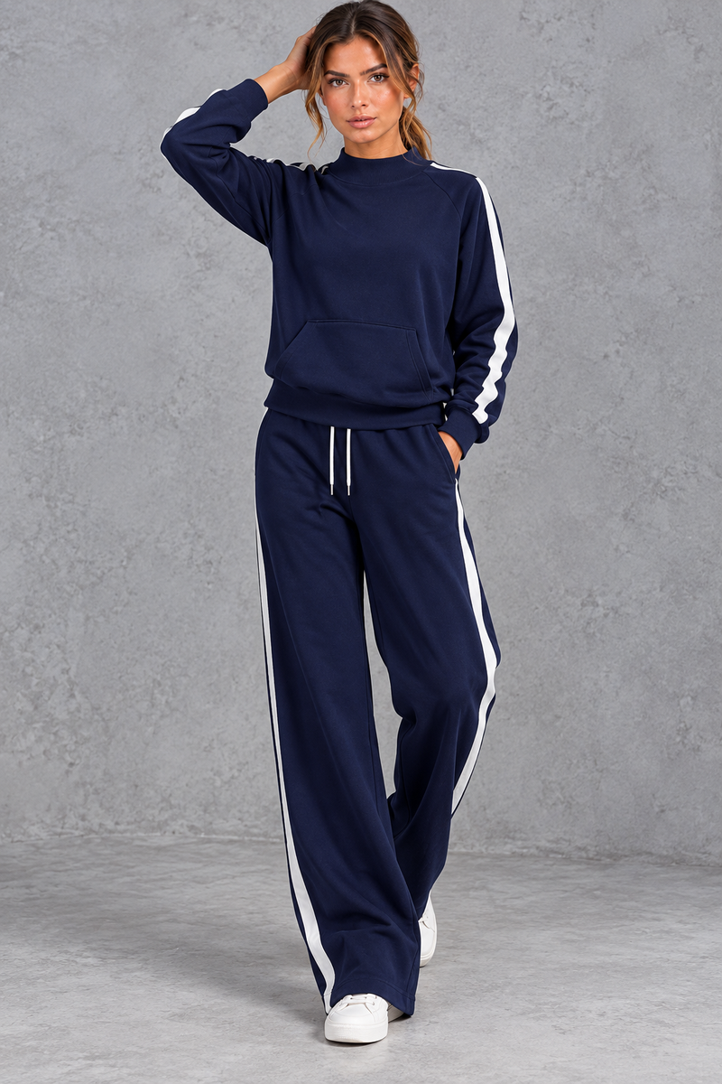 Women's navy blue mock neck wide leg tracksuit set with side stripes – front view