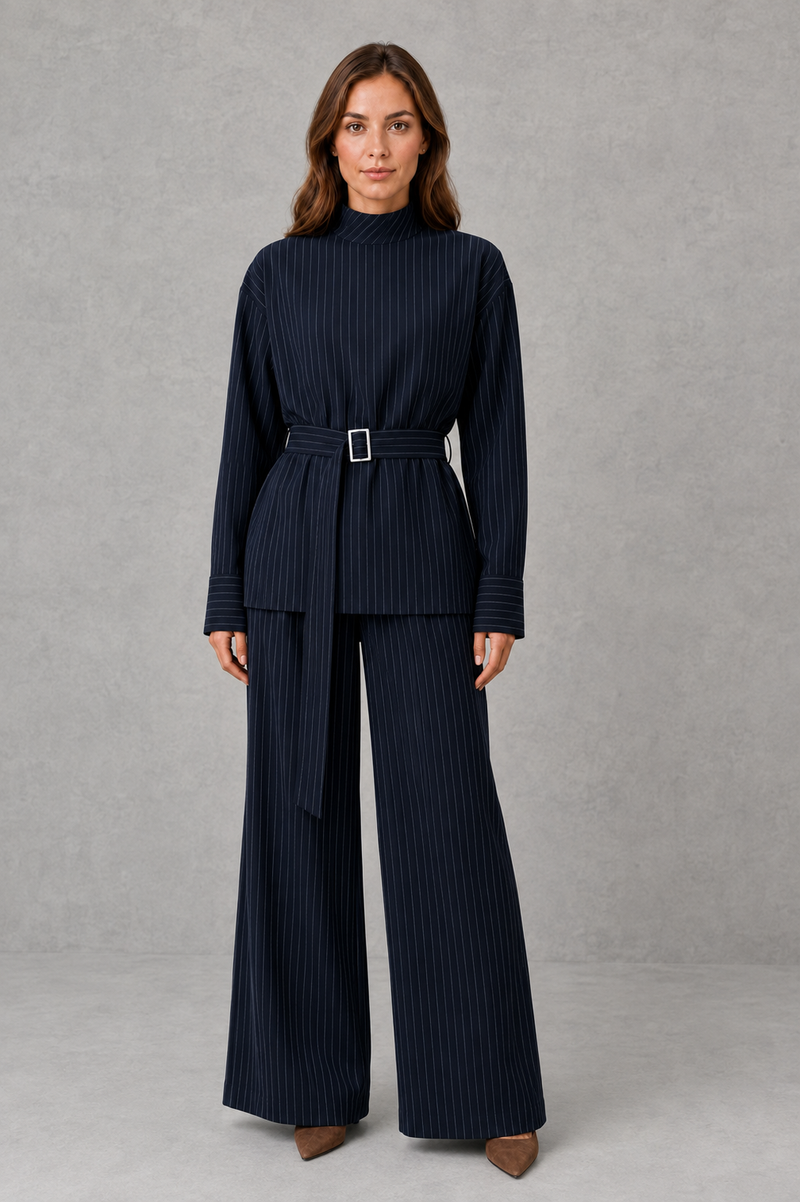 Women’s navy pinstripe two piece set with belted high neck long-sleeve top and matching wide leg palazzo trousers.