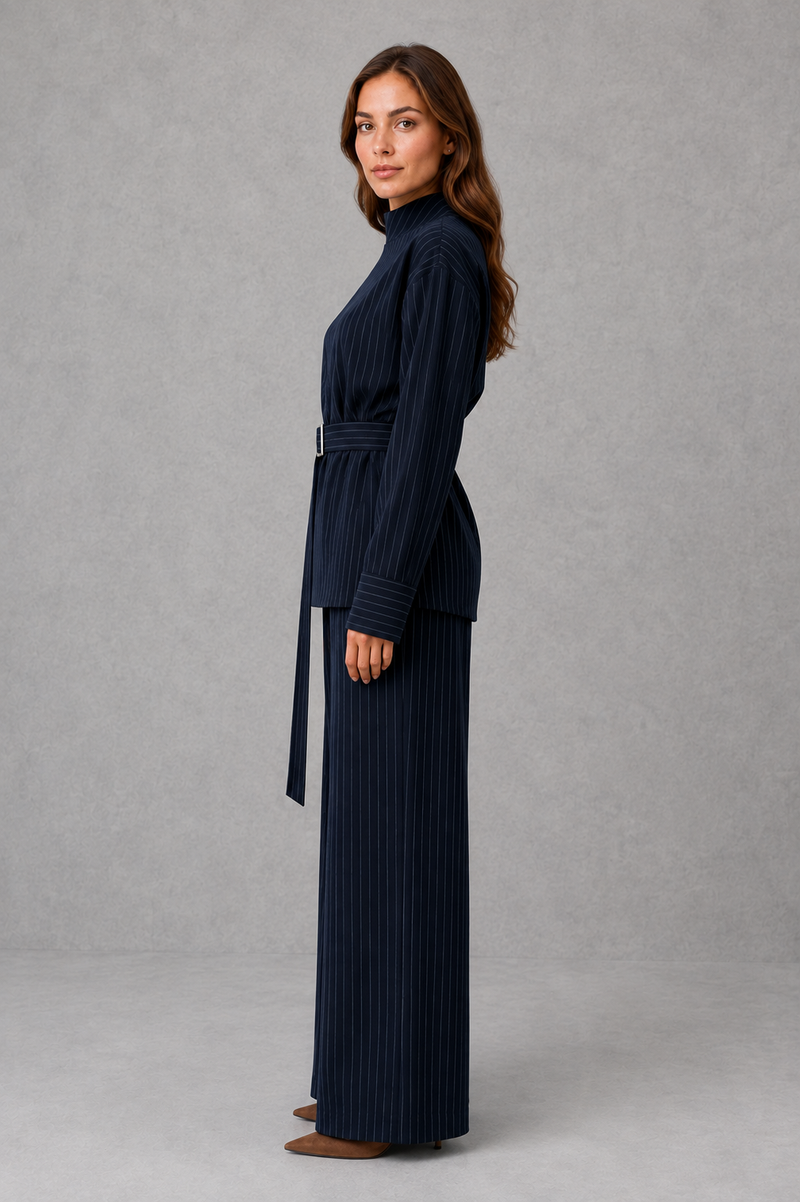 Women’s navy pinstripe two piece set with belted high neck long-sleeve top and matching wide leg palazzo trousers.