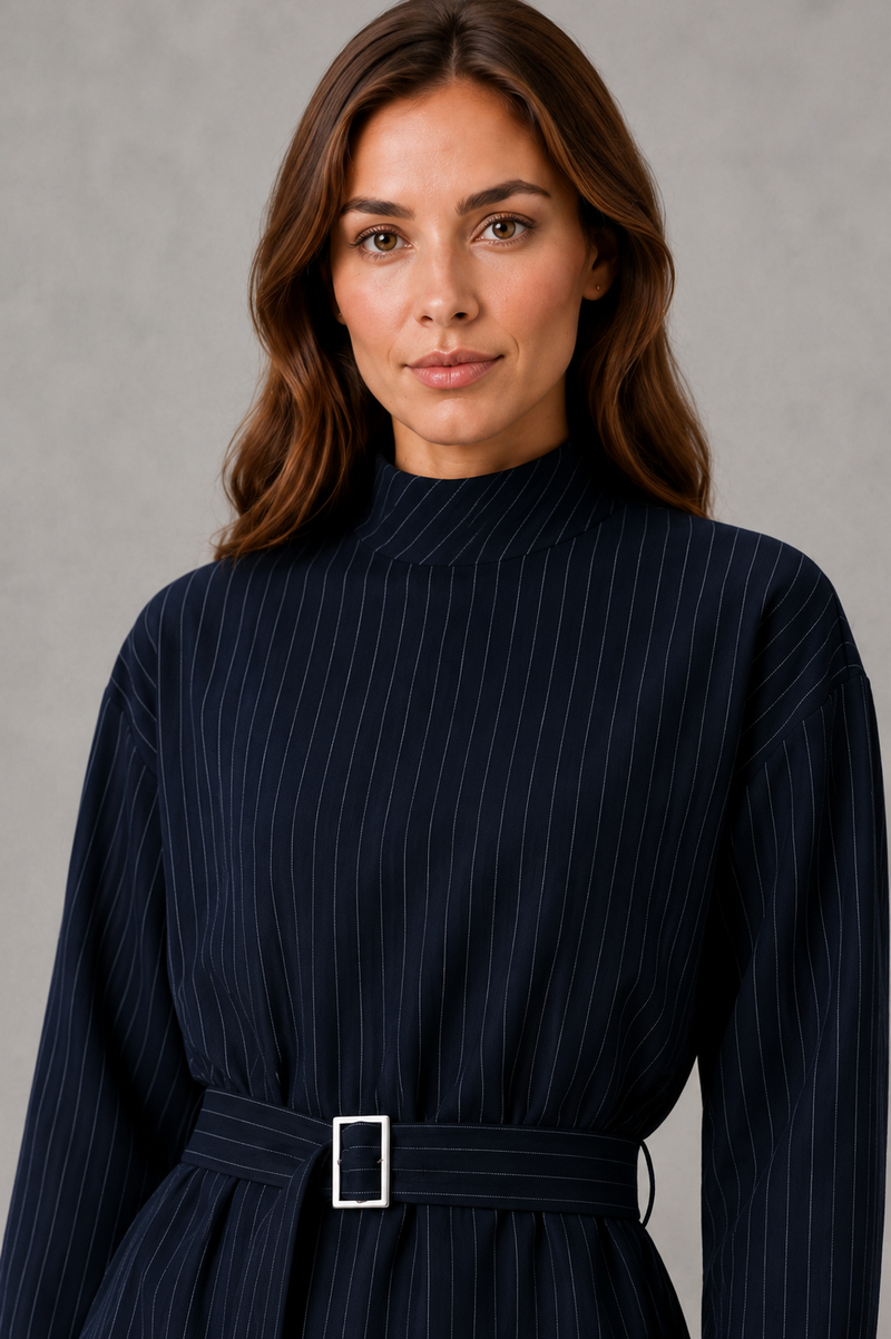 Women’s navy pinstripe two piece set with belted high neck long-sleeve top and matching wide leg palazzo trousers.
