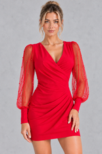 Women’s off-shoulder long sleeve mini dress in a solid colour, featuring a sleek party-ready silhouette for summer evenings and occasions.