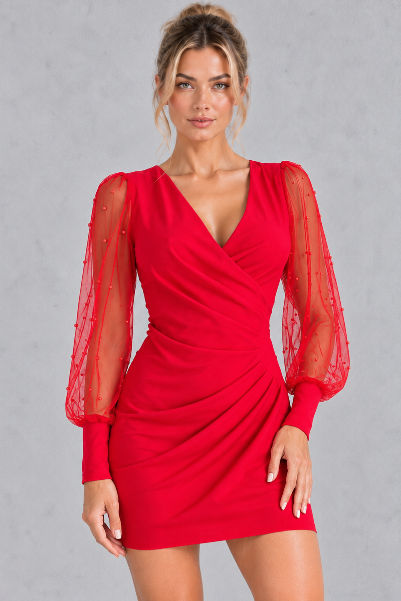 Women’s off-shoulder long sleeve mini dress in a solid colour, featuring a sleek party-ready silhouette for summer evenings and occasions.