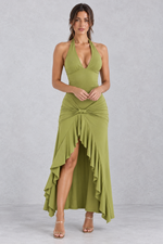 Women’s olive green halter maxi dress with a plunging V-neck, ruched twist waist, thigh-high split and flowing high-low hem.