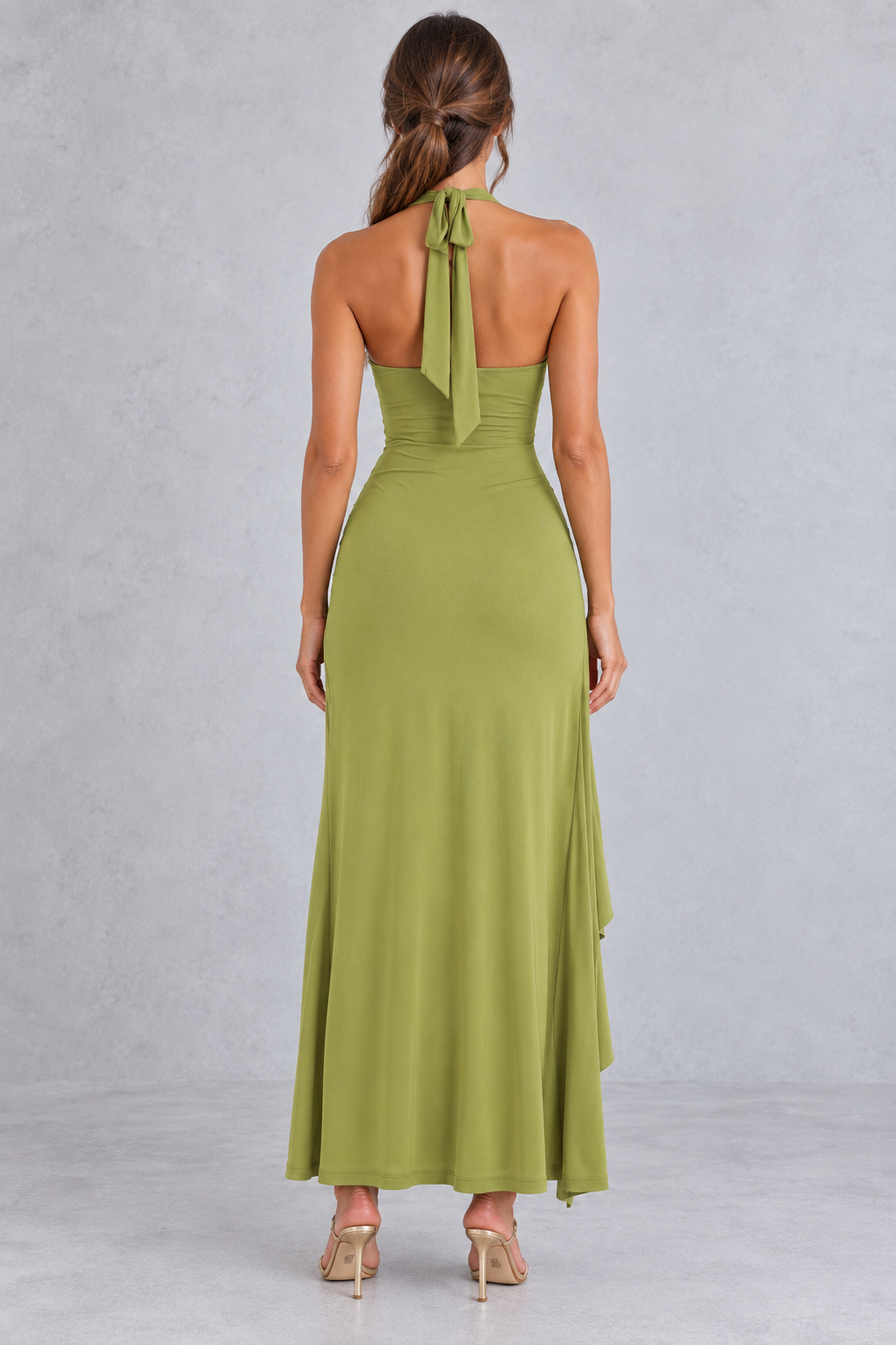 Women’s olive green halter maxi dress with a plunging V-neck, ruched twist waist, thigh-high split and flowing high-low hem.