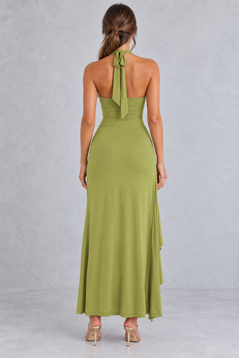 Women’s olive green halter maxi dress with a plunging V-neck, ruched twist waist, thigh-high split and flowing high-low hem.
