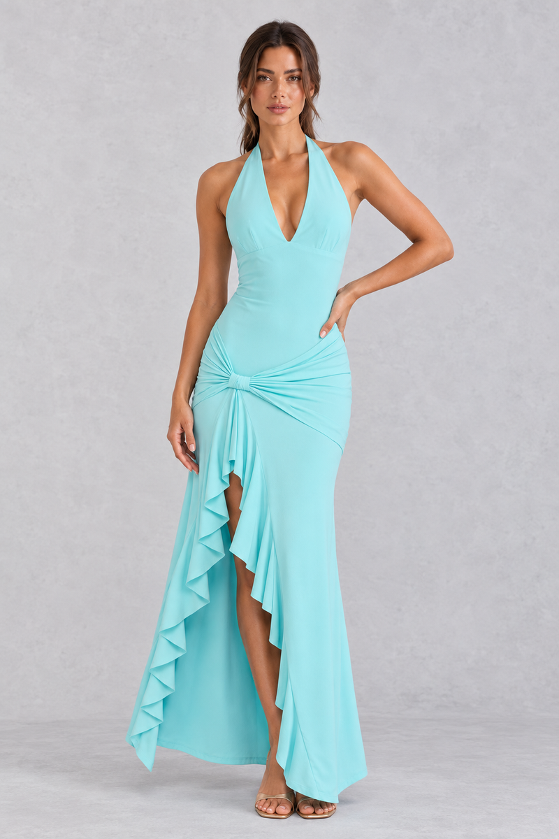 Women’s olive green halter maxi dress with a plunging V-neck, ruched twist waist, thigh-high split and flowing high-low hem.