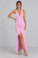 Women’s olive green halter maxi dress with a plunging V-neck, ruched twist waist, thigh-high split and flowing high-low hem.