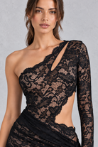 Women’s one shoulder lace mini dress with long sleeves, decorative ribbon detailing and a slim-fitting sheath silhouette.