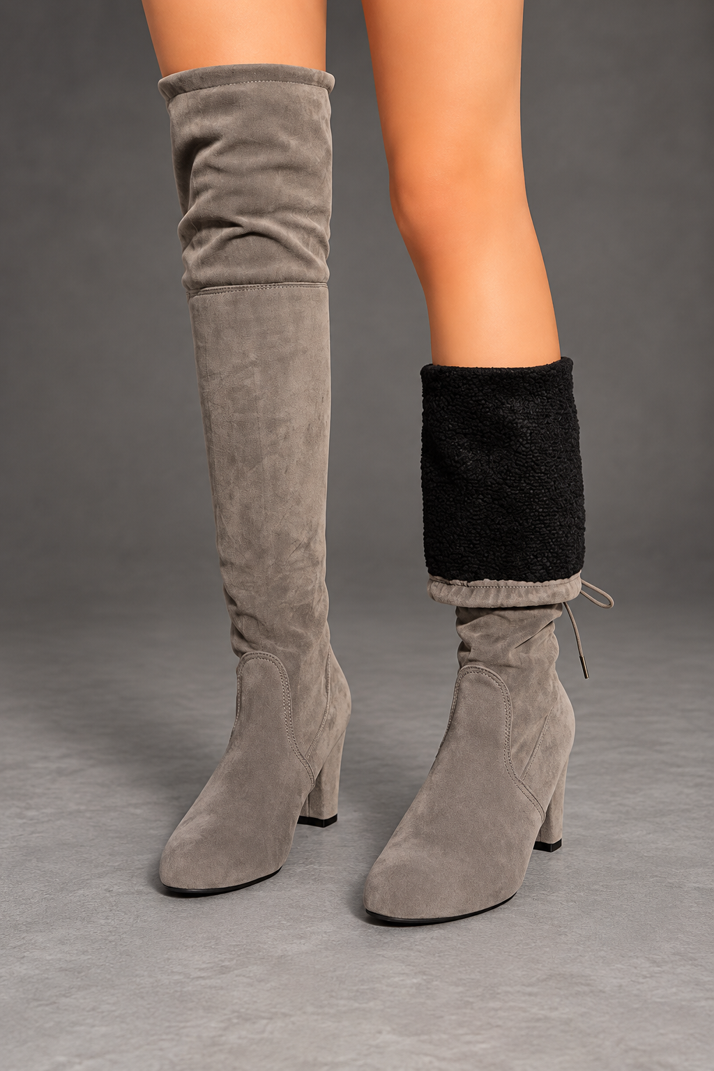 Women's over-the-knee boots in Grey – folded-cuff detail view