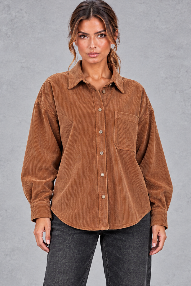 Women's oversized corduroy shirt in Rust – front view