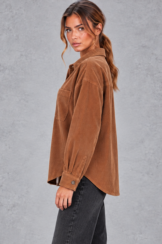 Women's oversized corduroy shirt in Rust – side view