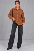 Women's oversized corduroy shirt in Rust – full-length view