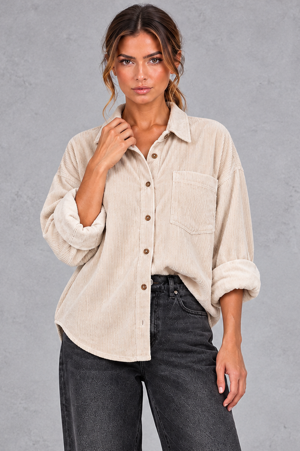 Women's oversized corduroy shirt in Cream – front view