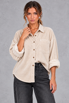 Women's oversized corduroy shirt in Cream – front view