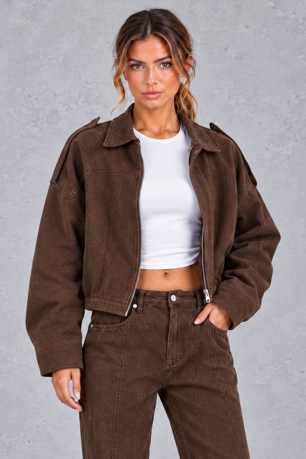 Women's brown oversized cropped utility bomber jacket with collar and zip – front view