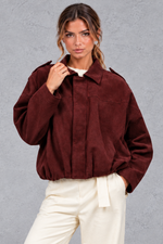 Women's burgundy oversized cropped utility bomber jacket – front view