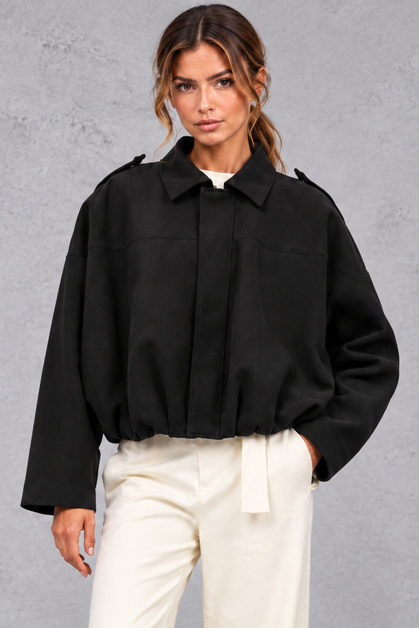 Women's black oversized cropped utility bomber jacket – front view