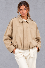 Women's beige oversized cropped utility bomber jacket – front view