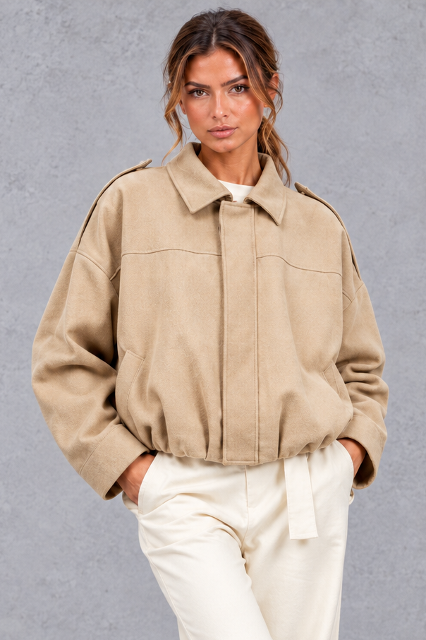 Women's beige oversized cropped utility bomber jacket – front view