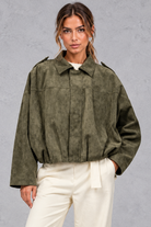 Women's olive green oversized cropped utility bomber jacket – front view