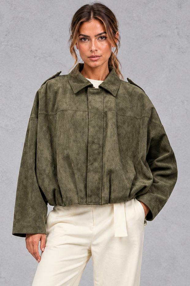 Women's olive green oversized cropped utility bomber jacket – front view