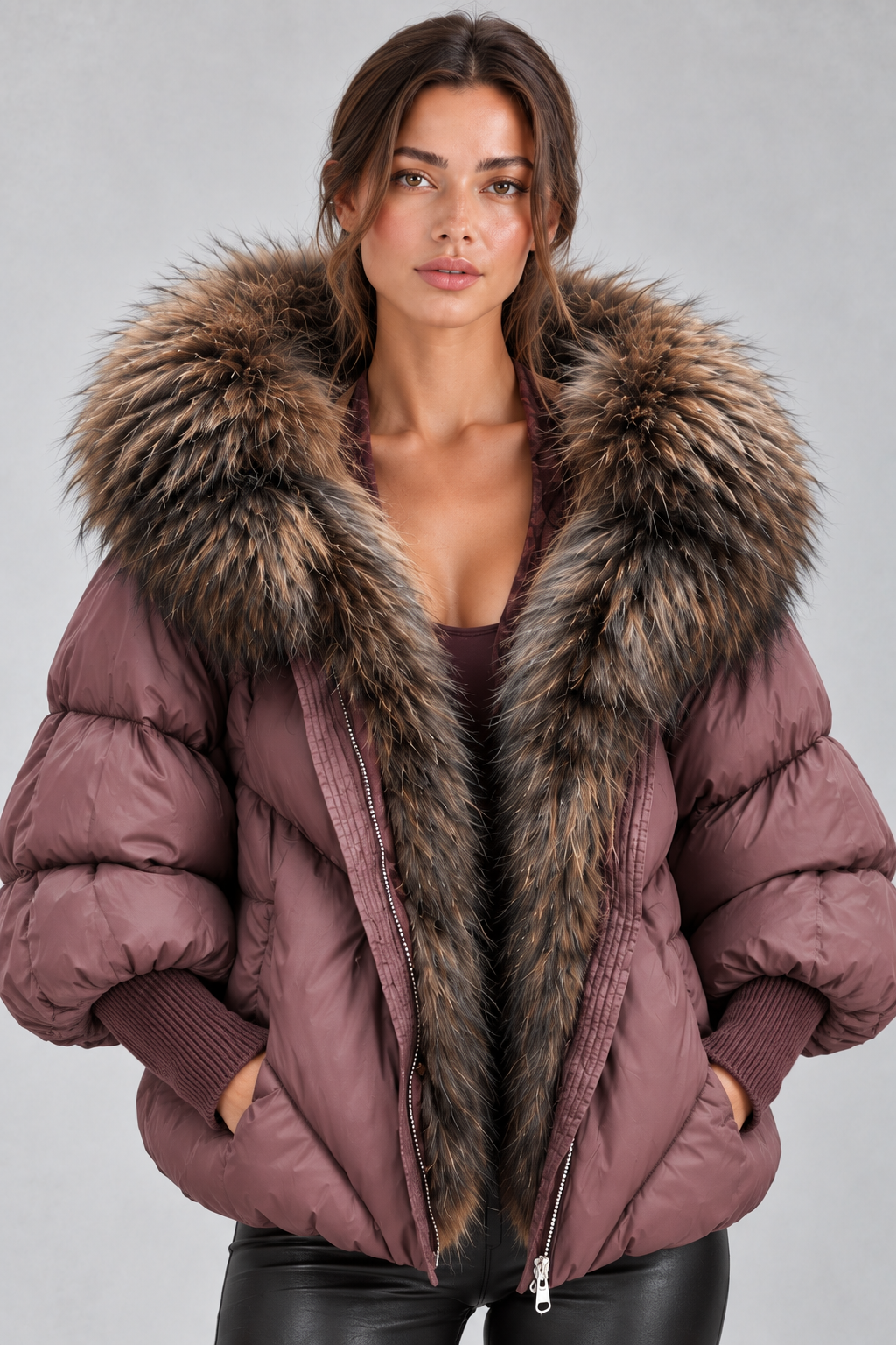 Women’s oversized puffer jacket with a plush faux fur-trimmed hood, voluminous padding, dropped shoulders and extended ribbed cuffs.
