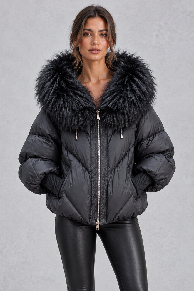 Women’s oversized puffer jacket with a plush faux fur-trimmed hood, voluminous padding, dropped shoulders and extended ribbed cuffs.