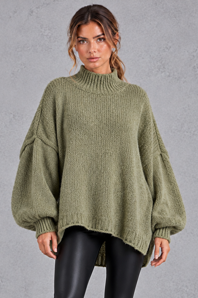 Women's green oversized high neck balloon sleeve jumper – front view