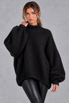 Women's black oversized high neck balloon sleeve jumper – front view
