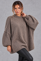 Women's coffee oversized high neck balloon sleeve jumper – front view