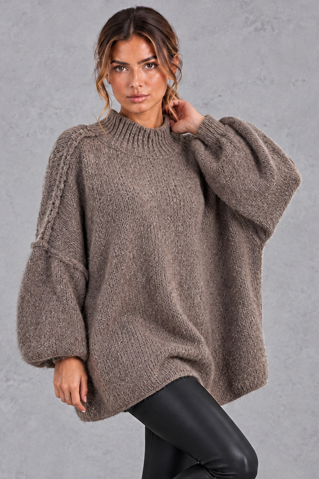 Women's coffee oversized high neck balloon sleeve jumper – front view
