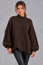 Women's brown oversized high neck balloon sleeve jumper – front view