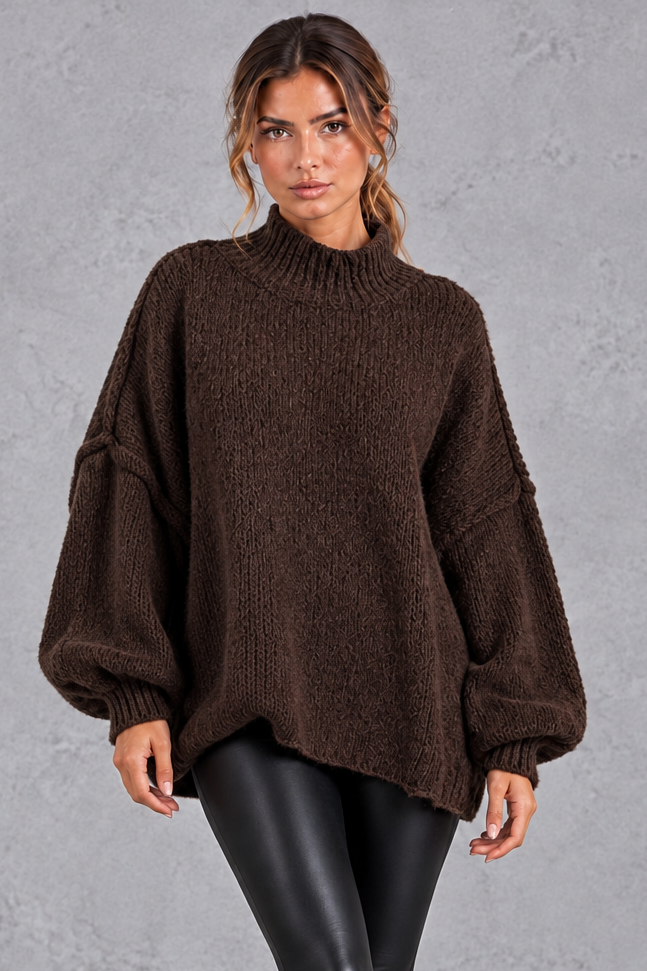 Women's brown oversized high neck balloon sleeve jumper – front view