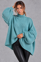Women's royal blue oversized high neck balloon sleeve jumper – front view