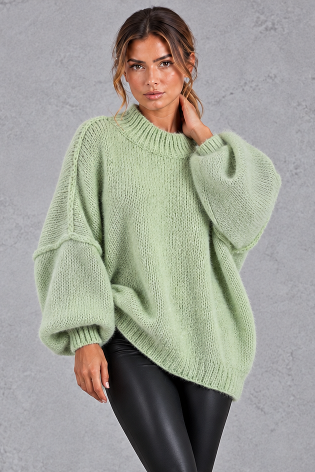 Women's light green oversized high neck balloon sleeve jumper – front view