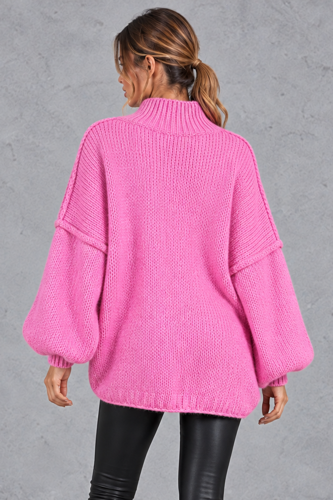 Women's pink oversized chunky knit balloon sleeve jumper – back view