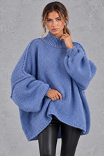 Women's denim blue oversized high neck balloon sleeve jumper – front view