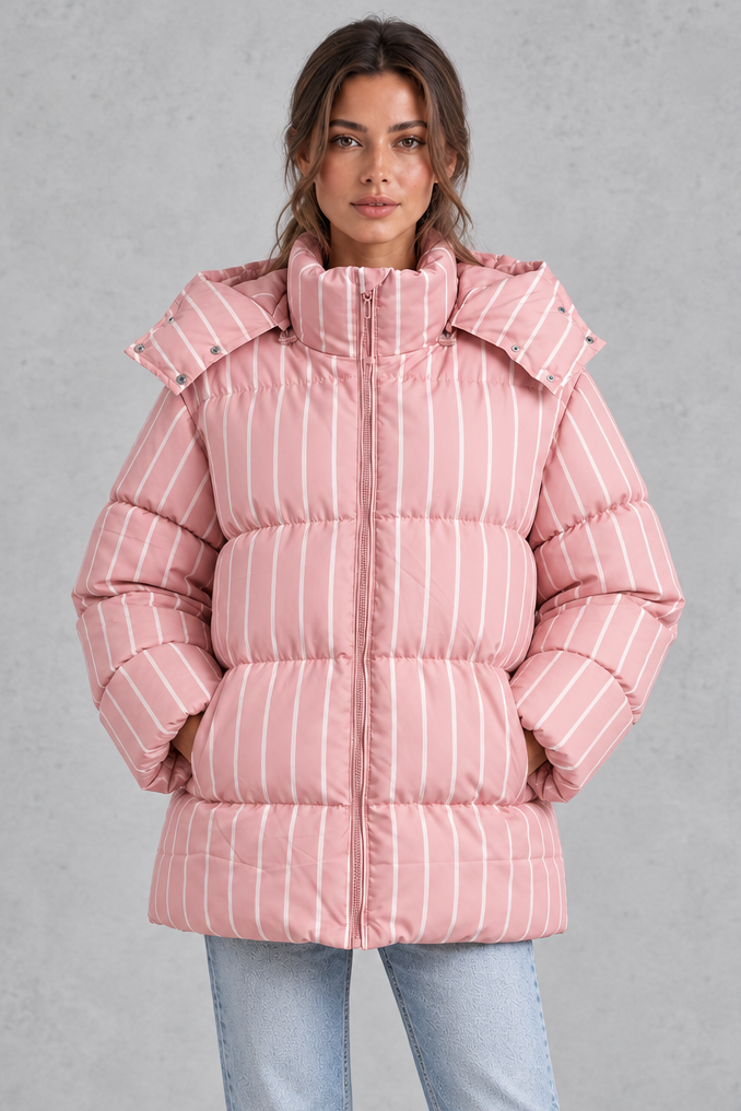 Women’s pink and white striped oversized hooded puffer jacket with horizontal quilting, a high stand collar and voluminous padded silhouette.