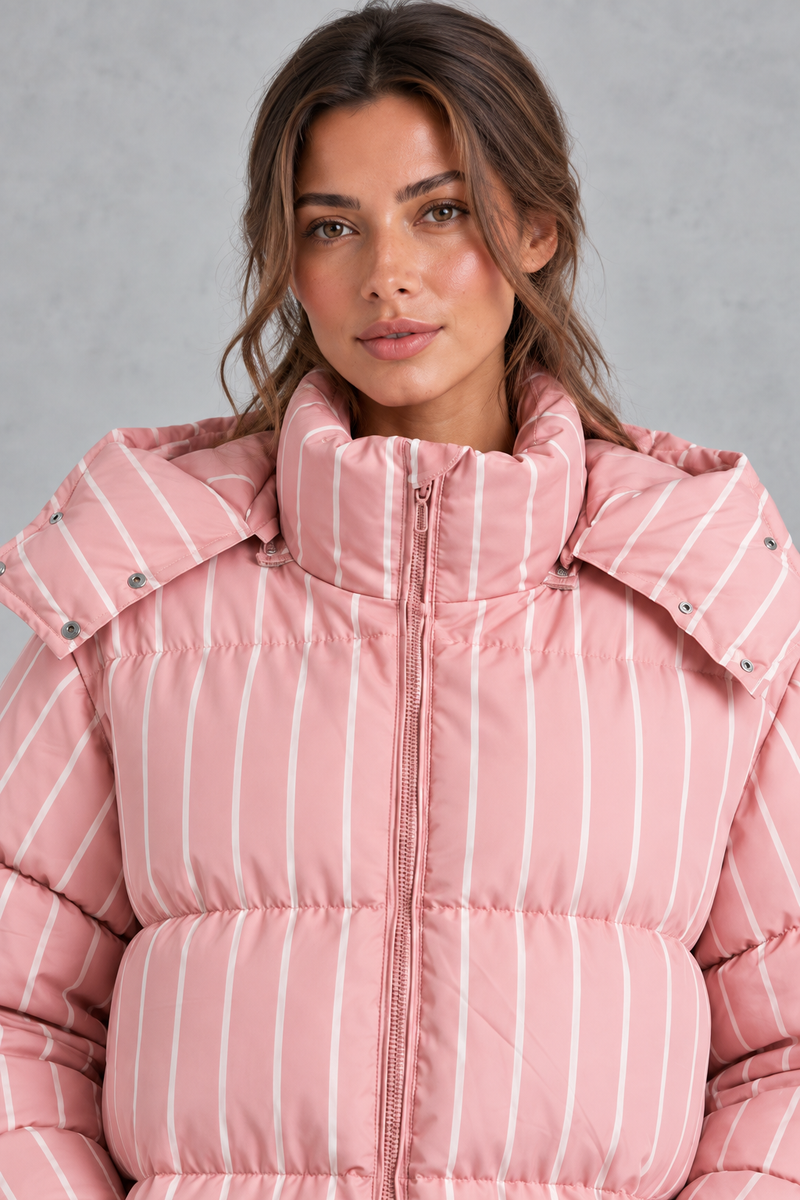 Women’s pink and white striped oversized hooded puffer jacket with horizontal quilting, a high stand collar and voluminous padded silhouette.